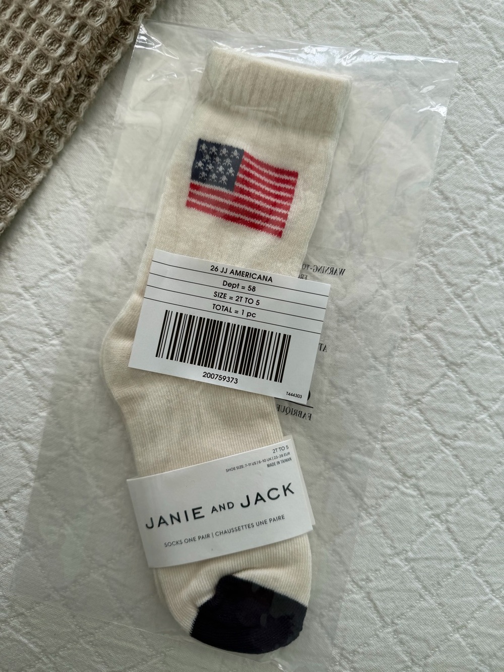 Janie and Jack Cream Socks with American Flag and Navy Toe size 2 to 5 years NWT